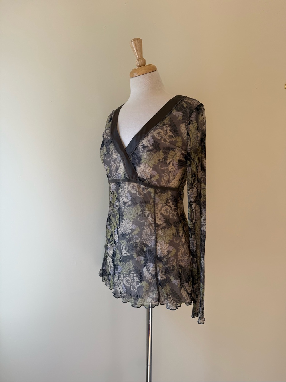 MEXX Y2K Sheer Floral Mesh Bell Sleeve Tunic Top L
